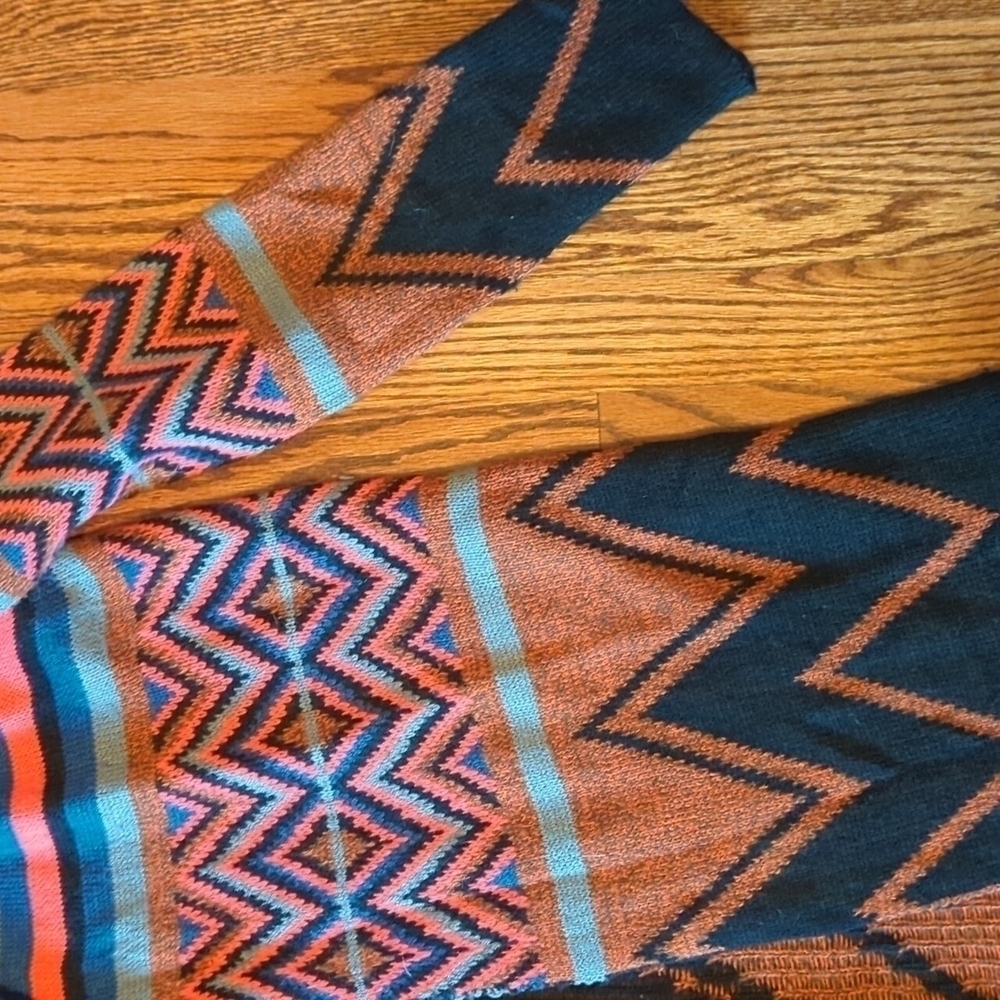 colorful tribal knit fringe Bohemian Festival long open duster/cardigan sz M - Picture 5 of 14